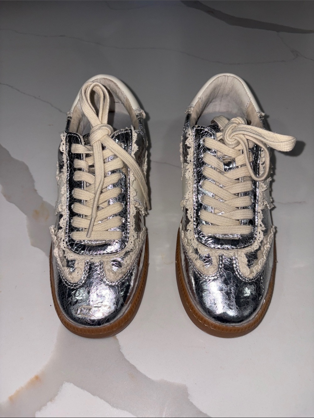 Women Silver Lace-Up Sneakers